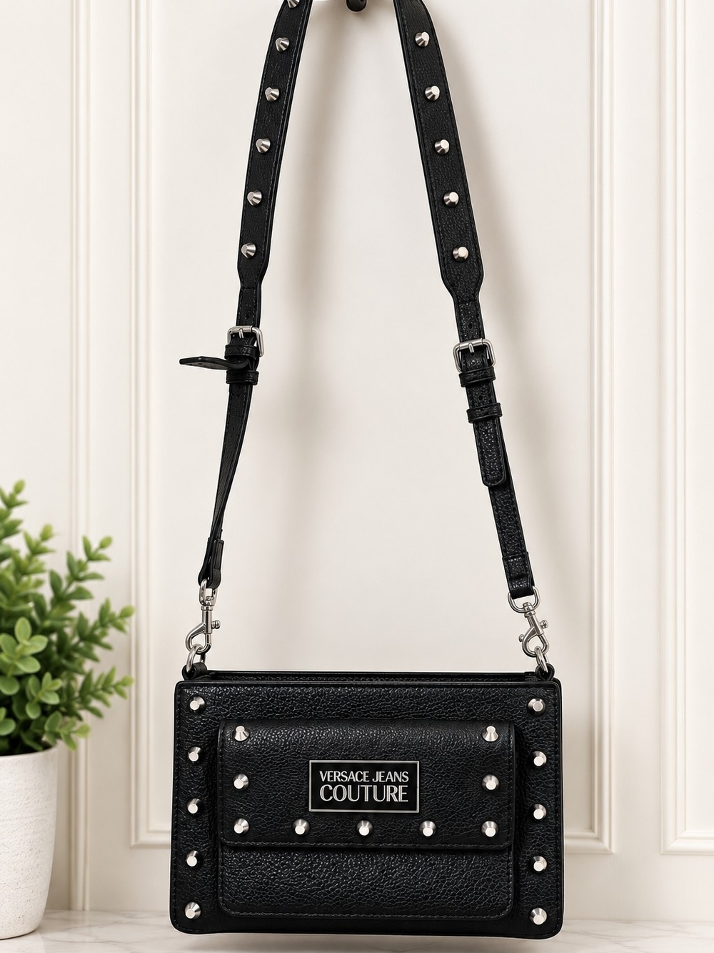 Versace Jeans Collection Black Stud-Accent Crossbody Bag